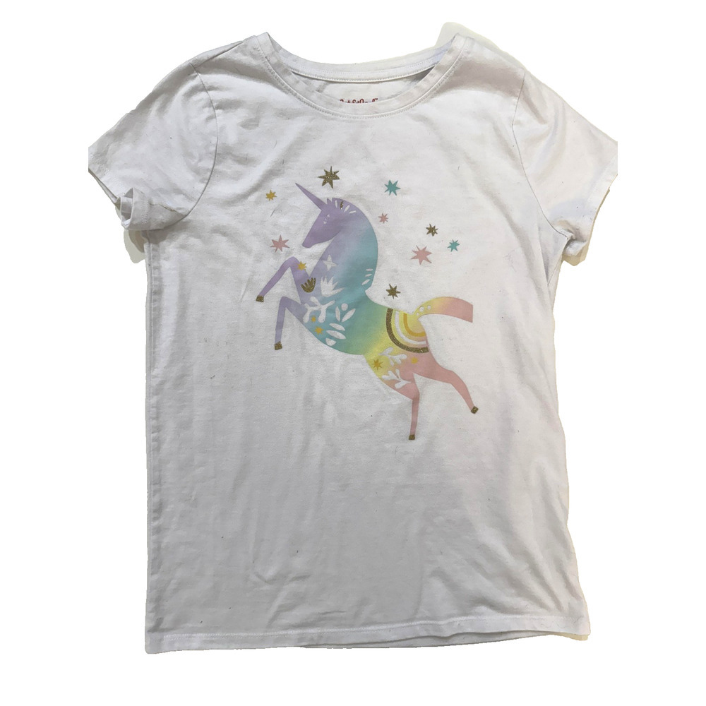 Cat & Jack Tshirt Girls Large 10/12 Rainbow Unicorn Graphic Pastel Stars Tee